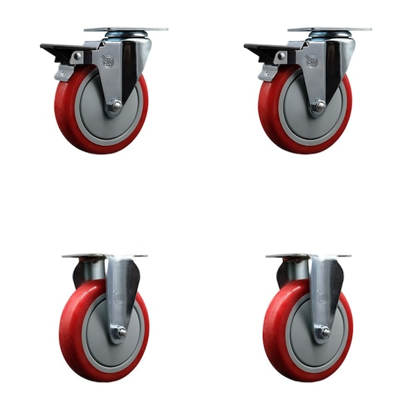 5'' Red Poly Wheel Swivel Top Plate Caster Set with 2 Posi Brakes 2 Rigid, 4PK